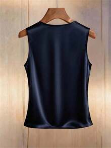 Blusa negra de mujer casual y elegante con cuello en V sin mangas, con encaje, recortes de encaje y bajo irregular, adecuada para uso diario/Día del maestro/atuendo de negocios/viajes/vacaciones relajantes.Blusa negra de encaje, blusa negra de e - Azul marino - Ver 2