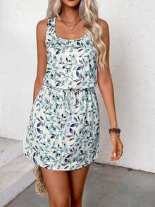 Vestido de verano casual con estampado de hojas, cuello redondo, sin mangas, con cordón en la cintura, para vacaciones y playa para mujer - Multicolor - Ver 3