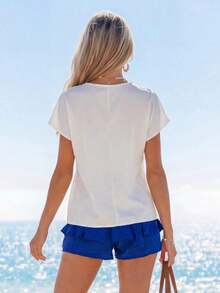 Blusa casual de cuello redondo simple para mujer, adecuada para el verano - Blanco - Ver 2