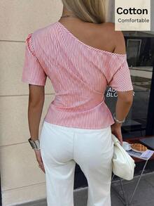 Camisa de mujer de algodón con rayas a la cintura, nueva llegada de primavera/verano - Rojo y blanco - Ver 2