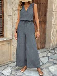 Mono de mujer sin mangas, con cuello en V, de tela texturizada, tipo body con bolsillos, estilo vacacional - Gris - Ver 3