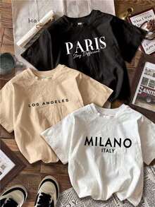 3 piezas/Set Camisetas cortas de cuello redondo de manga corta con texto en inglés MLANO impreso de estilo minimalista casual para mujer, verano - Multicolor 8 - Ver 7