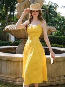 casual de verano elegante para mujer con tirantes anchos y lazo delantero a cuadros - Amarillo - Ver 1