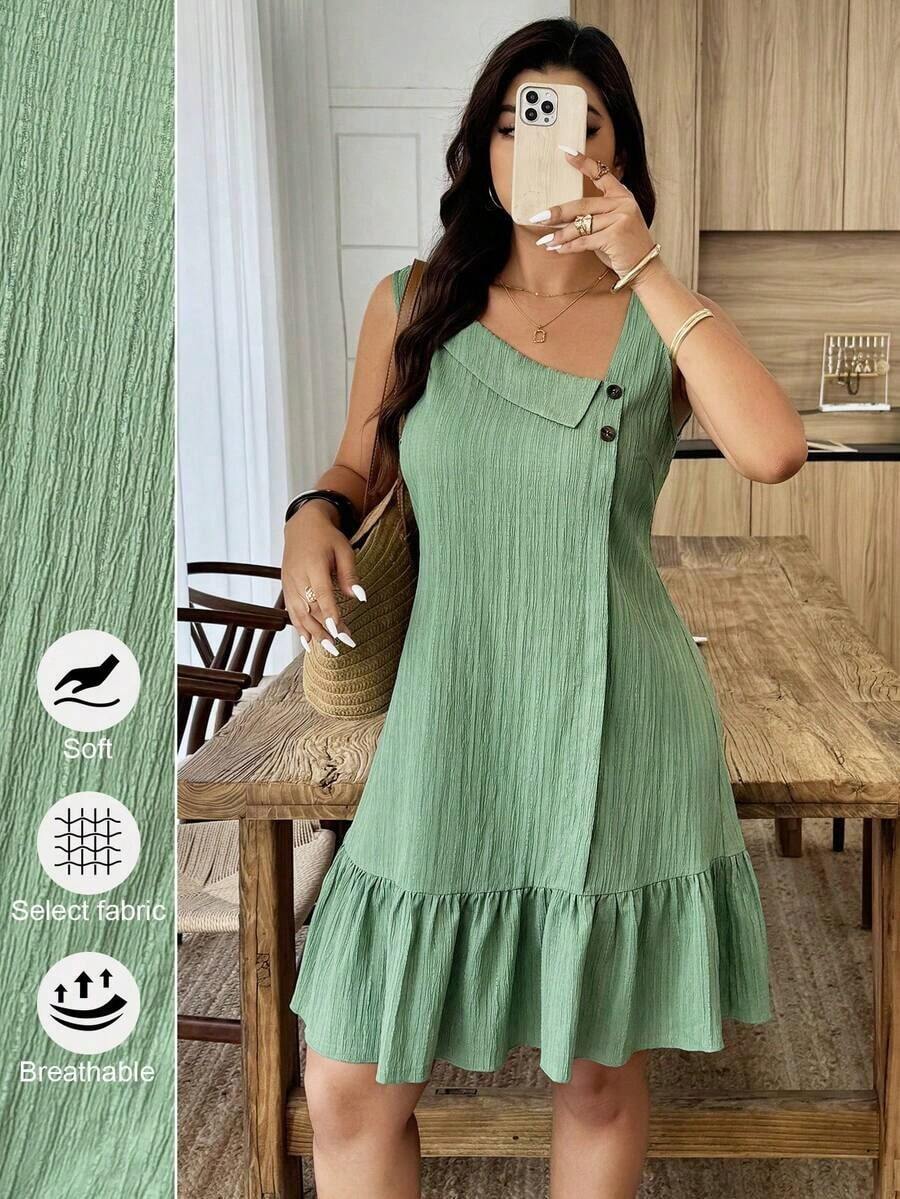 Vestido corto sin mangas de línea A con cuello asimétrico, botones, tela texturizada y volante en el bajo, para mujer de talla grande, casual para verano y vacaciones - Verde 2 - Ver 1