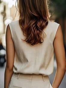 Camiseta sin mangas casual/de trabajo para mujer, estilo europeo y americano, ropa de ocio elegante en beige, azul, rosa, verde para el verano - Albaricoque - Ver 2