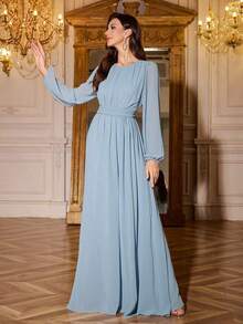Vestido de dama de honor de manga linterna de unicolor elegante y extra largo - Niebla azul - Ver 4