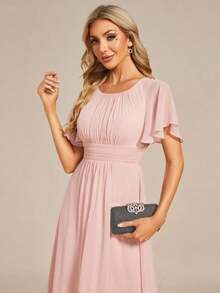 Vestido de dama de honor de gasa con pliegues y mangas con volantes, vestido de noche elegante para invitados de boda en primavera - Rosa Pálido - Ver 5