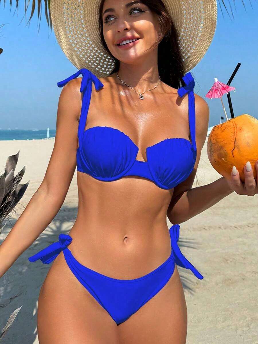 Conjunto de bikini de dos piezas de unicolor para mujer para la playa de verano - azul real - Ver 1