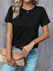Camiseta casual de mujer con cuello redondo y detalle de botones - Negro - Ver 4