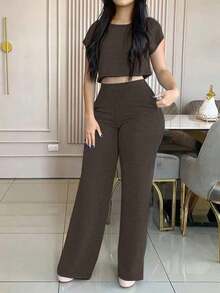 casual y elegante de 2 piezas de unicolor con bolsillos para mujer, apto para primavera/verano - Gris - Ver 5
