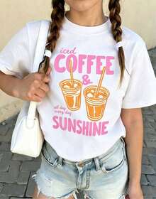 Playera holgada para mujer con lindo estampado de café helado y sol, cuello redondo y manga corta, estilo súper cómodo y relajado, ideal para verano, salir a pasear, ir a la playa y usar a diario con look casual muy a la moda A6FO - Blanco - Ver 6