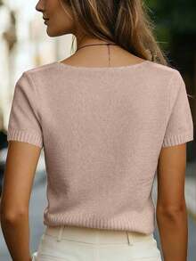 Blusa de punto ajustada con cuello en V y manga corta, color albaricoque, con detalle de trenzado, uso diario minimalista - Rosa vieja - Ver 2
