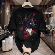 Pure Cotton Short-Sleeved T-Shirt With Rose Print, Versatile, Modern Brand, Loose Fit, Casual Round Neck, Lightweight Luxury Style, High-Quality T-Shirt For Men. - 黑色 - 查看 1