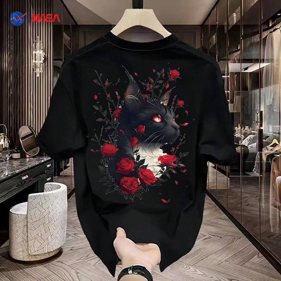 Pure Cotton Short-Sleeved T-Shirt With Rose Print, Versatile, Modern Brand, Loose Fit, Casual Round Neck, Lightweight Luxury Style, High-Quality T-Shirt For Men. - 黑色 - 查看 1
