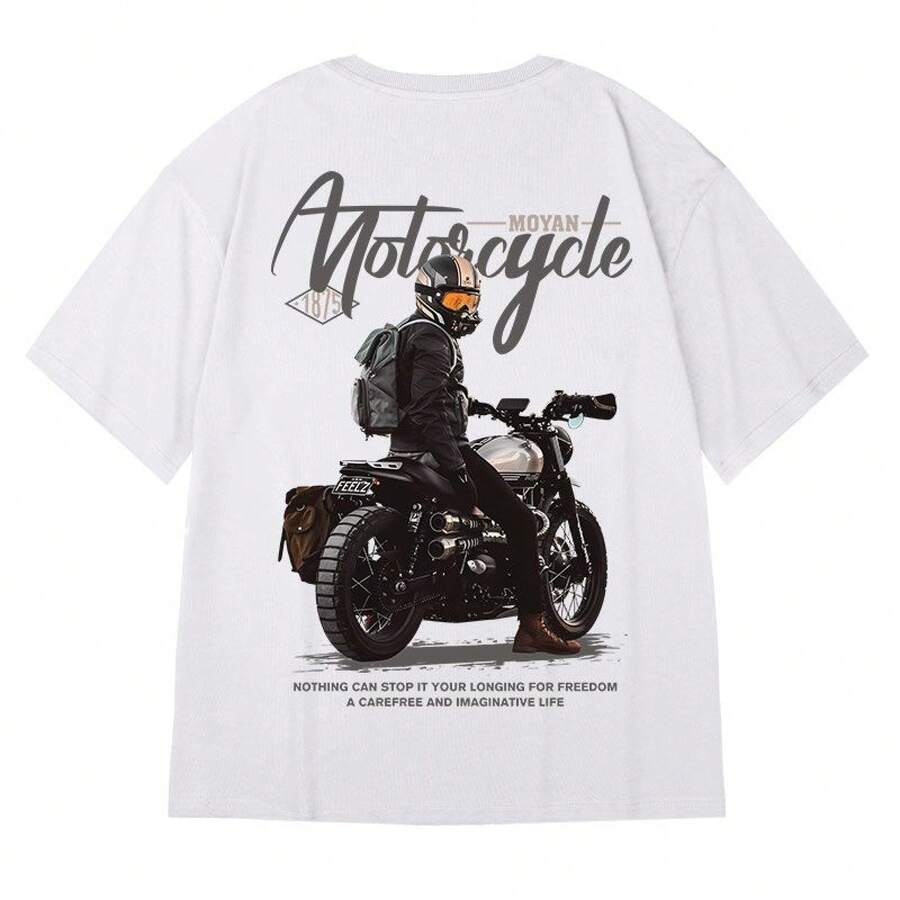 Men's Plus Size Fashionable Loose Fit Biker Style T-Shirt, Short Sleeve, Extra Large, Five Quarter Sleeve, Pure Cotton, Chino Style, Summer Clothing For Plus Size Men. - 白色 - 查看 1
