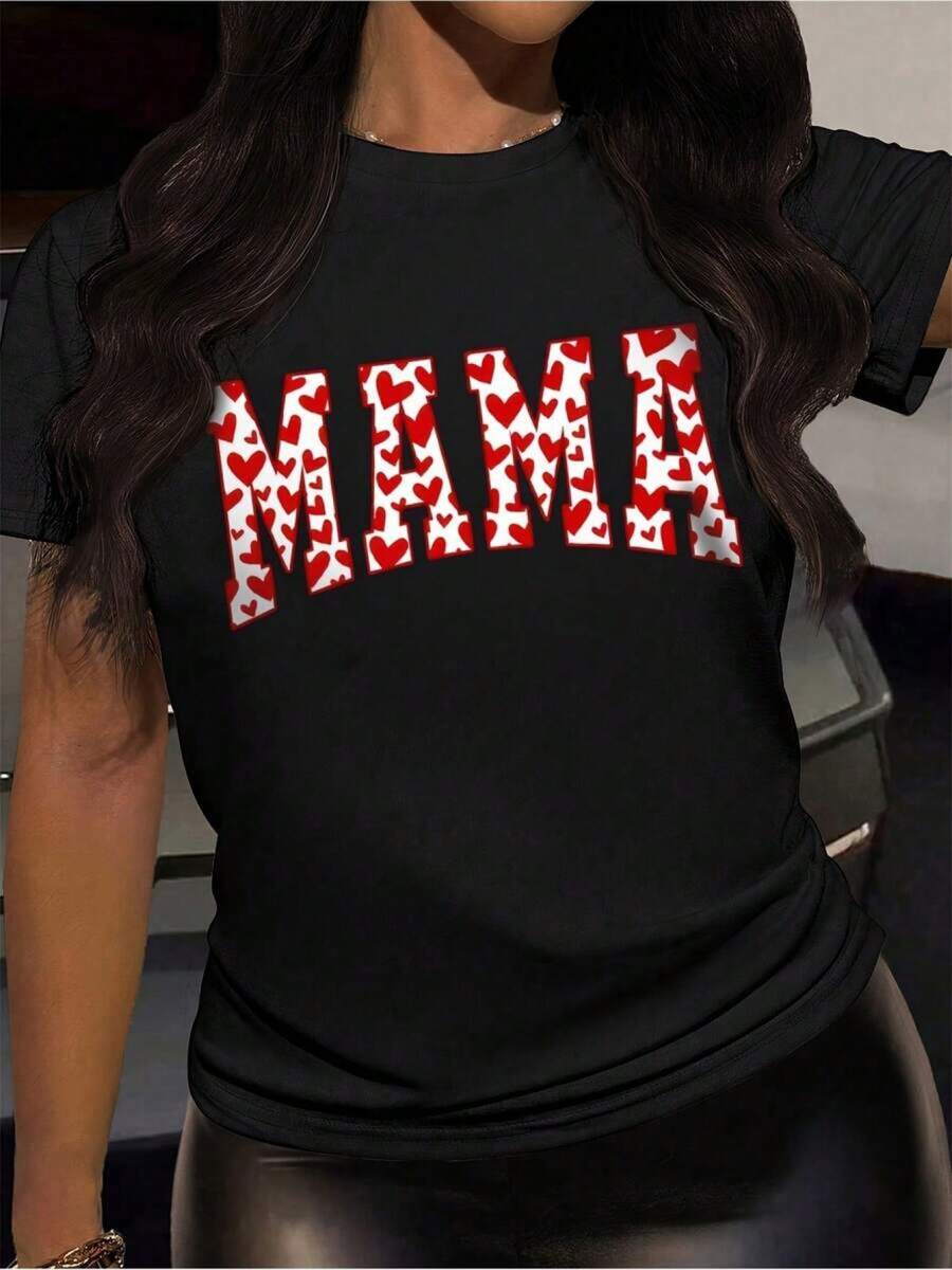 Unique T-Shirt With A Y2K Style Design Featuring The Letters MAMA In Red Hearts, Perfect For All Modern, Mexican-Fashion-Loving Moms. Ideal For Any Occasion, Offering Comfort And Style In One Garment. 3HXK - Hitam - View 1