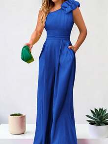 Women's Elegant One-Shoulder Palazzo Jumpsuit Dress, Long Jumpsuit, Formal Outfit For Party, Wedding, Graduation - 寶藍色 - 查看 1
