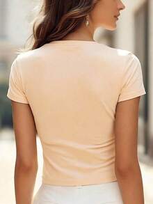 Neon Pink Fitted Crop Top With Rhinestones, Elegant And Versatile Style - Apricot - View 2