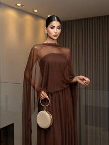 Long Dress With Cape For Wedding, Evening, Or Graduation. - Rust Brown - View 3