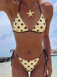 2pcs/Set Women's Sexy & Fashionable Purple Bikini Swimwear, Summer Beach Wear, Random Print Vacation - Light Yellow - View 9