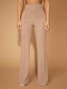 Pantalones de pierna acampanada de cintura alta elegantes para uso diario, de unicolor - Caqui - Ver 1