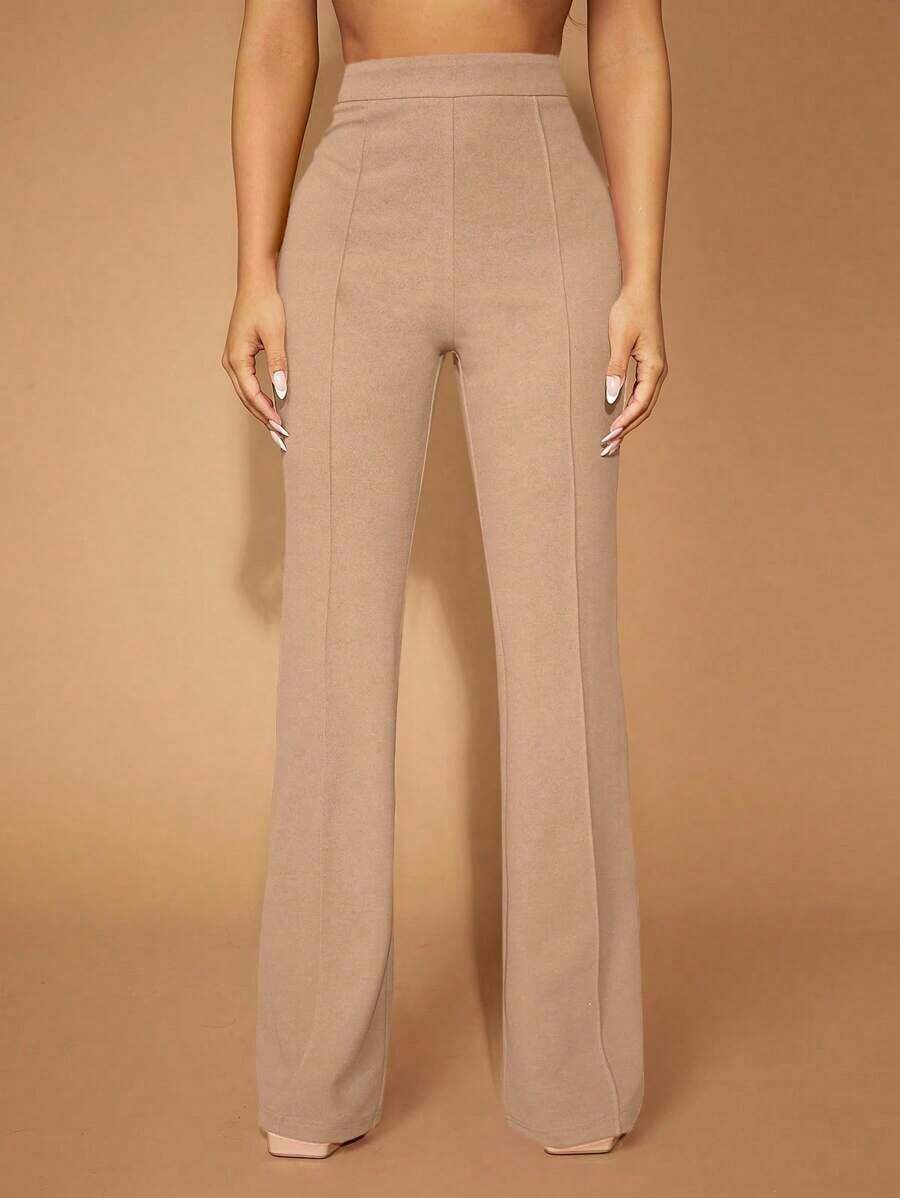 Pantalones de pierna acampanada de cintura alta elegantes para uso diario, de unicolor - Caqui - Ver 1