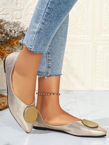 Plus Size Women's Fashion Pointed Toe Gold Buckle Slip-On Comfortable Ballet Shoes, Suitable For Spring & Autumn - Gold - View 6