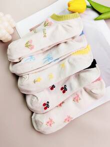 5 Pairs Women's Ankle Socks With Cute Cherry Pattern, Minimalist Ruffle Design, Comfortable White Socks In Random Colors, Suitable For All Seasons - Multicolor - View 2