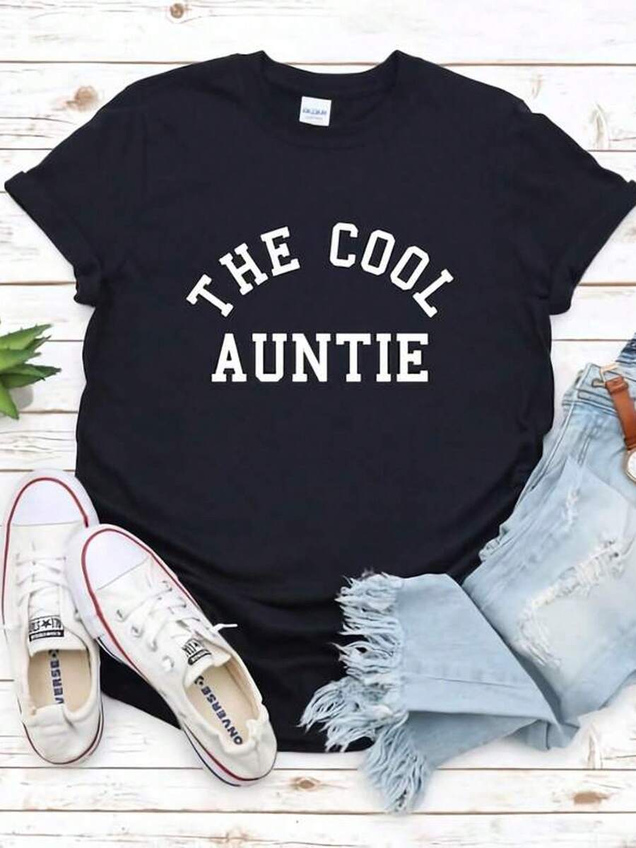 Women's Casual Short-Sleeved T-Shirt With Round Neck And Print, "The Great Aunt" S-3XL, Fashionable, Comfortable And Breathable, Machine Washable. - 黑色 - 查看 1