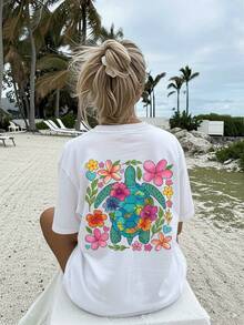 [Impresión a Doble Cara]Ropa de Verano para Mujer, Camiseta Holgada de Estilo Vintage con Estampado Floral de Tortuga, Manga Corta, Cuello Redondo, Algodón Puro, Talla Grande, Hombros Caídos - Blanco - Ver 4