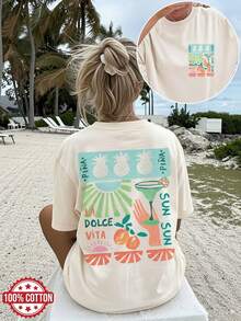 1 Piece [Double-Sided Print] Women's Casual Summer T-Shirt. Cool Style With Pineapple, Sun And Palm Print LA VITA, Short Sleeve, Round Neck, Loose Fit And Dropped Shoulders [LangK] 100% Cotton - 杏色 - 查看 7