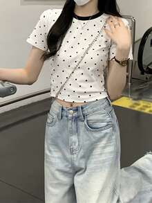 Summer Korean Style Polka Dot Youthful Round Neck Contrast Color Regular Shoulder Slimming Versatile Short Sleeve T-Shirt Top White Casual - White - View 4