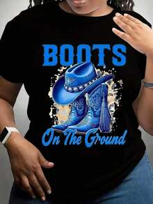 Graffiti [Sports T-Shirt] Women's Fashion Classic T-Shirt, Boots On The Ground Print T-Shirts, Simple Design, Comfortable And Breathable, Crew Neck T-Shirt, Plus Size T-Shirt, Women's Graphic Print T-Shirt, Natural And Stylish, Delivered From Local Warehouse, Relaxed Plus Size T-Shirt, Summer Fashion Cotton T-Shirt - 黑色 - 查看 1