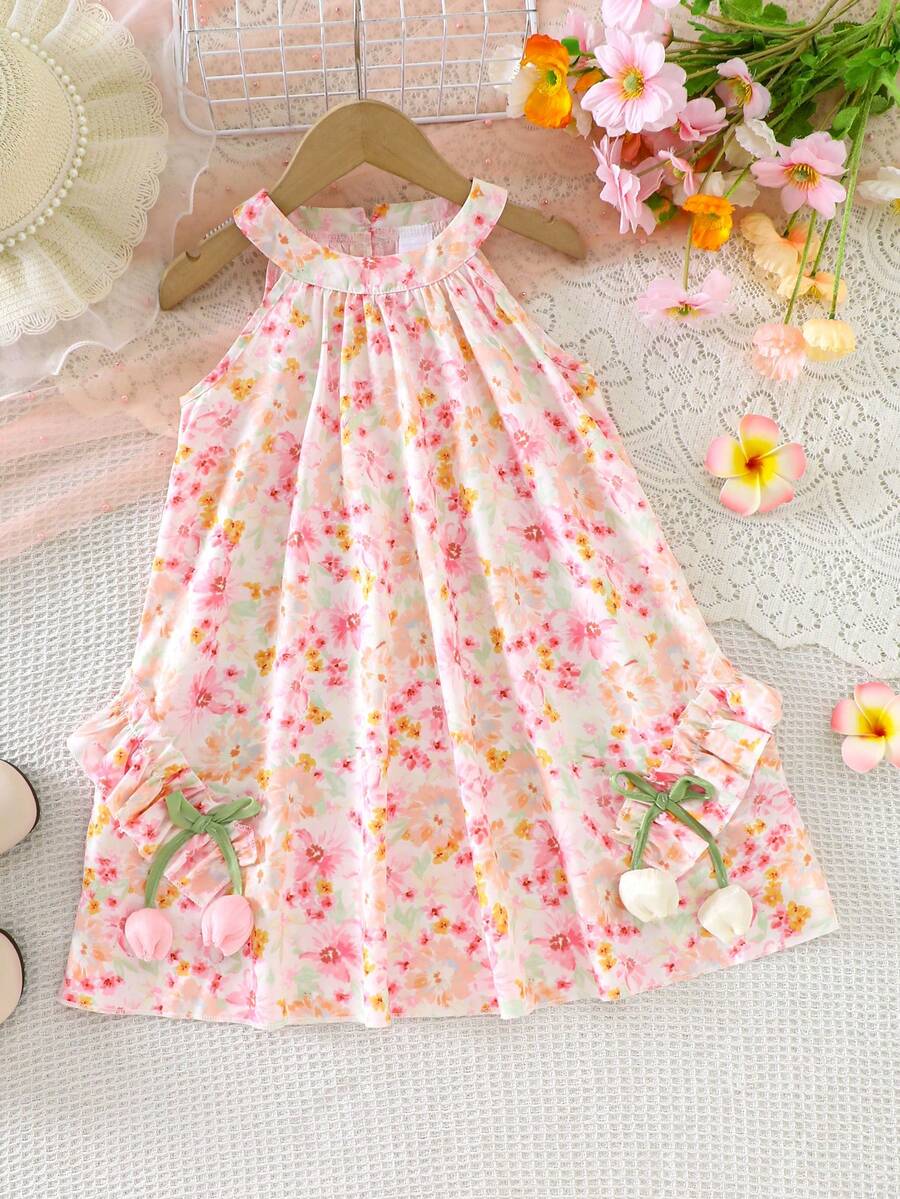 Girls' Summer Pastel Floral Halter Neck Dress, Sleeveless, Ruched Chest Design, Side Ruffle Hem, Loose Flowy Casual Style
