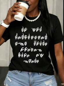 RadarSign Women's "I Love You In Sign Language" T-Shirt, White, Casual, With Pearls And Coffee Mug, Fashion Gift For The Deaf Community, Awareness Day, Wearable Art, Vintage Urban Style, Unisex, Cotton, Short Sleeve, Round Neck, Loose Fit - 黑色 - 查看 7