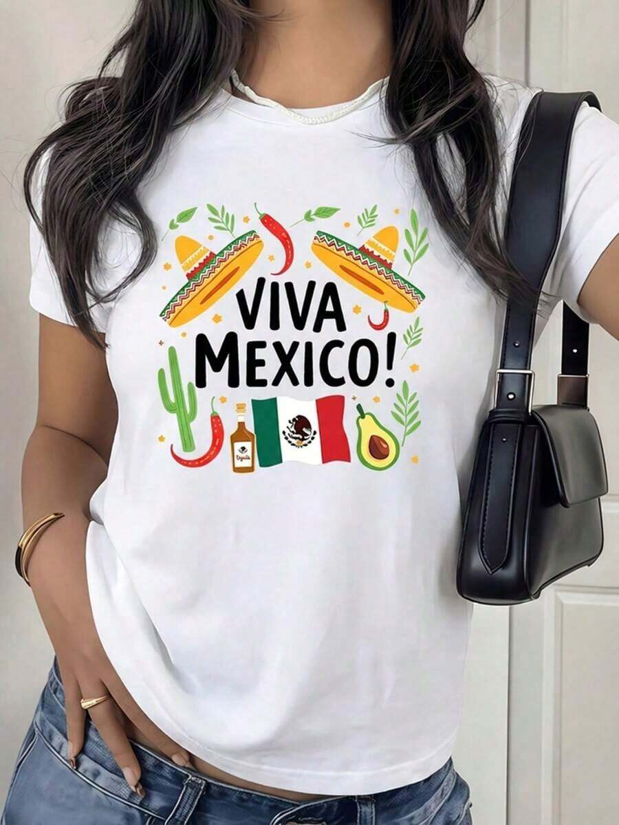 Women's Viva Mexico T-Shirt With Mexican Flag Cultural Symbols, Short Sleeve, Round Neck, Design With The National Eagle Emblem, For Festivals, Parties, Casual Wear, Mexican Pride, Women's T-Shirts - 白色 - 查看 1