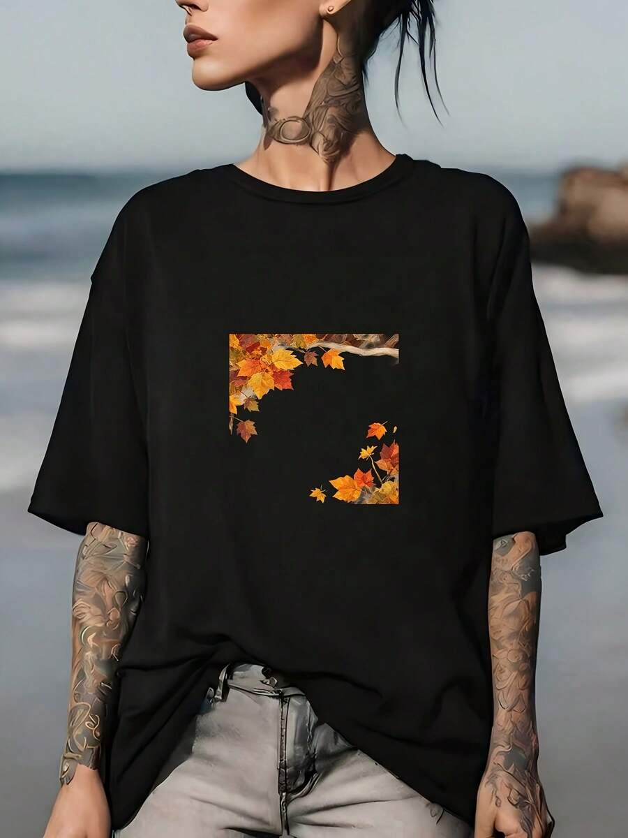 Premium 180g T-Shirt With An Autumn Leaf Print, A Great Choice For Holiday Gifts. | Team Building & Family Trips | Soft, Fashionable, Crew Neck Top - 黑色 - 查看 1