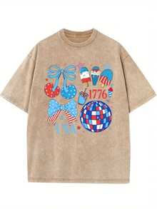 Men's & Women's Vintage Washed Cotton T-Shirt For Women With Modern Print - 230g Thick Cotton, Round Neck, Short Sleeves, Vintage Street Style, Machine Washable, Suitable For Casual Spring And Summer Wear, Loose Fit. - 咖啡色 - 查看 1