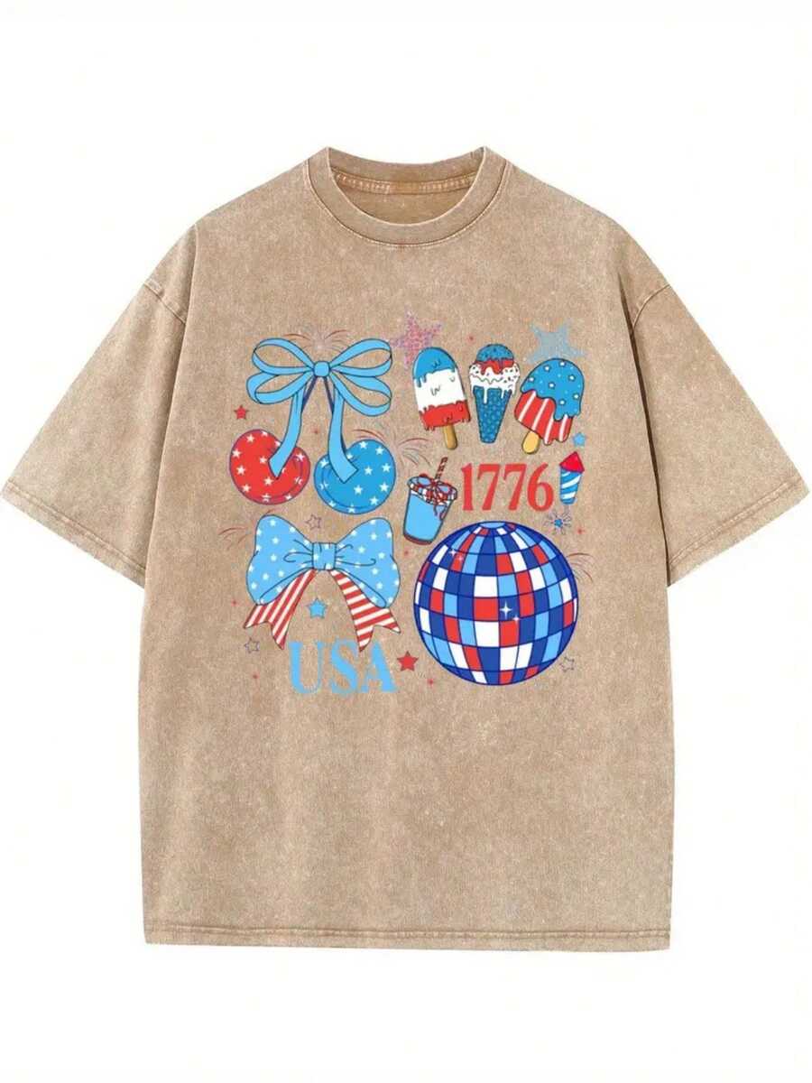 Men's & Women's Vintage Washed Cotton T-Shirt For Women With Modern Print - 230g Thick Cotton, Round Neck, Short Sleeves, Vintage Street Style, Machine Washable, Suitable For Casual Spring And Summer Wear, Loose Fit. - 咖啡色 - 查看 1
