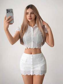 Set de 2 piezas con blusa de manga de pétalo con bordado en la cintura y falda ajustada para mujer - Blanco - Ver 7