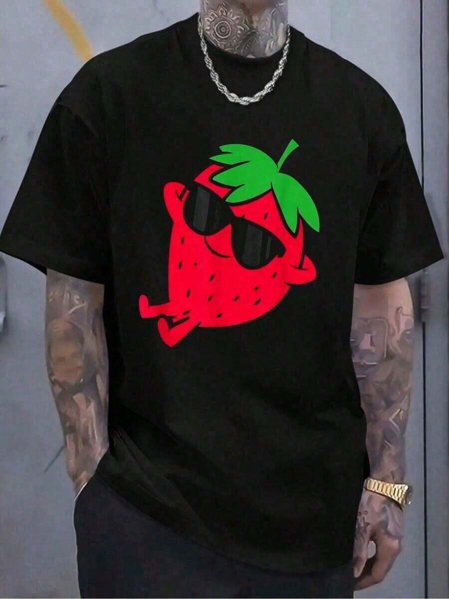 Fashion Printed T-Shirts For Women, Oversized Streetwear Tops, Comfortable And Stylish All-Match Summer Tees, Cotton Casual T-Shirt, Cute Strawberry Fruit Relaxing Lazy Strawberry Graphic T-Shirt For Women And Men - 黑色 - 查看 1