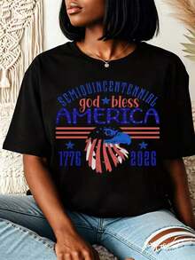 Semi Quincentennial God Bless America Hawk Design Women Casual Round Neck T-Shirt For Independence Day Celebration Summer And Fall Gifts For Patriotic Friends And Family,1776 Pattern Top,Patriotic Independence Day Commemorative Top,Half 500th Anniversary Celebration Gift,Suitable For 250th Anniversary Celebrationwomen's T-Shirts - 黑色 - 查看 1