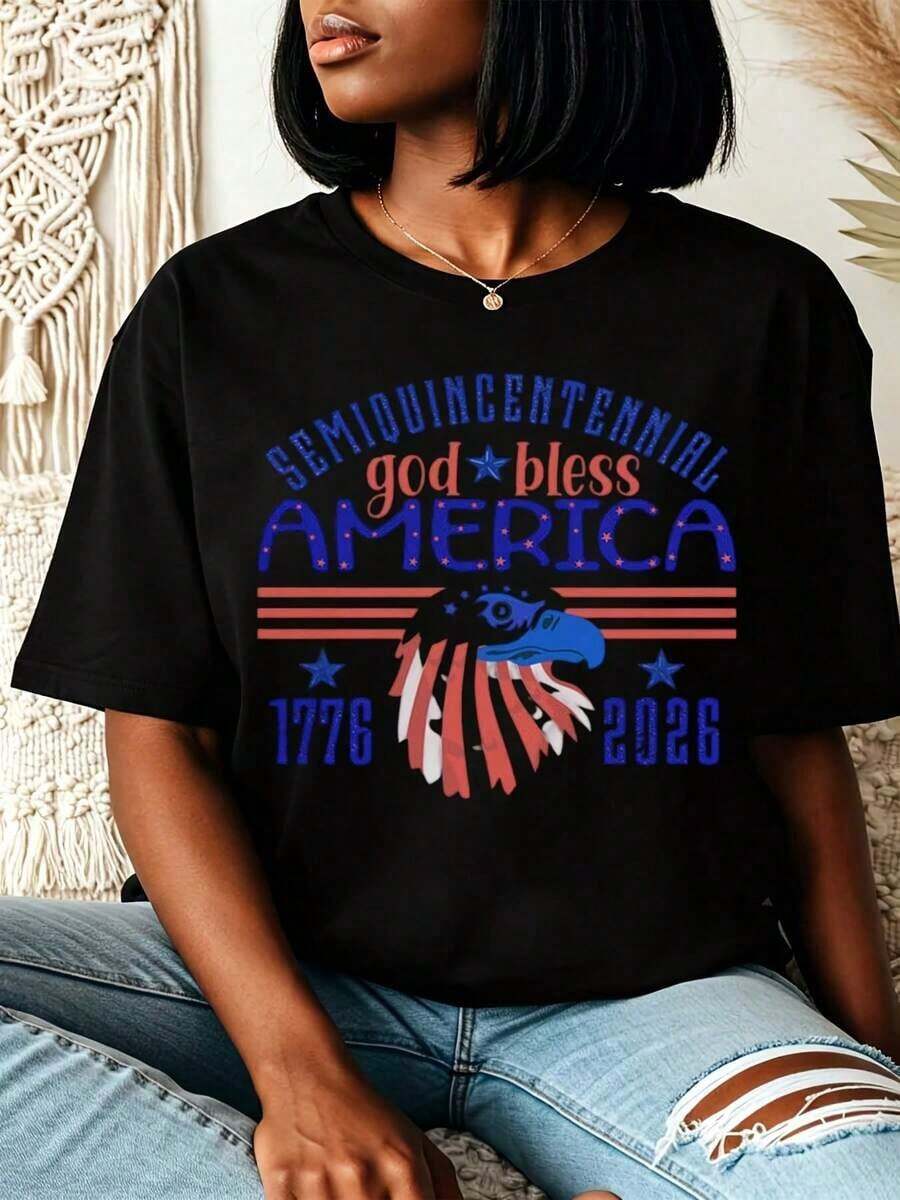 Semi Quincentennial God Bless America Hawk Design Women Casual Round Neck T-Shirt For Independence Day Celebration Summer And Fall Gifts For Patriotic Friends And Family,1776 Pattern Top,Patriotic Independence Day Commemorative Top,Half 500th Anniversary Celebration Gift,Suitable For 250th Anniversary Celebrationwomen's T-Shirts - 黑色 - 查看 1