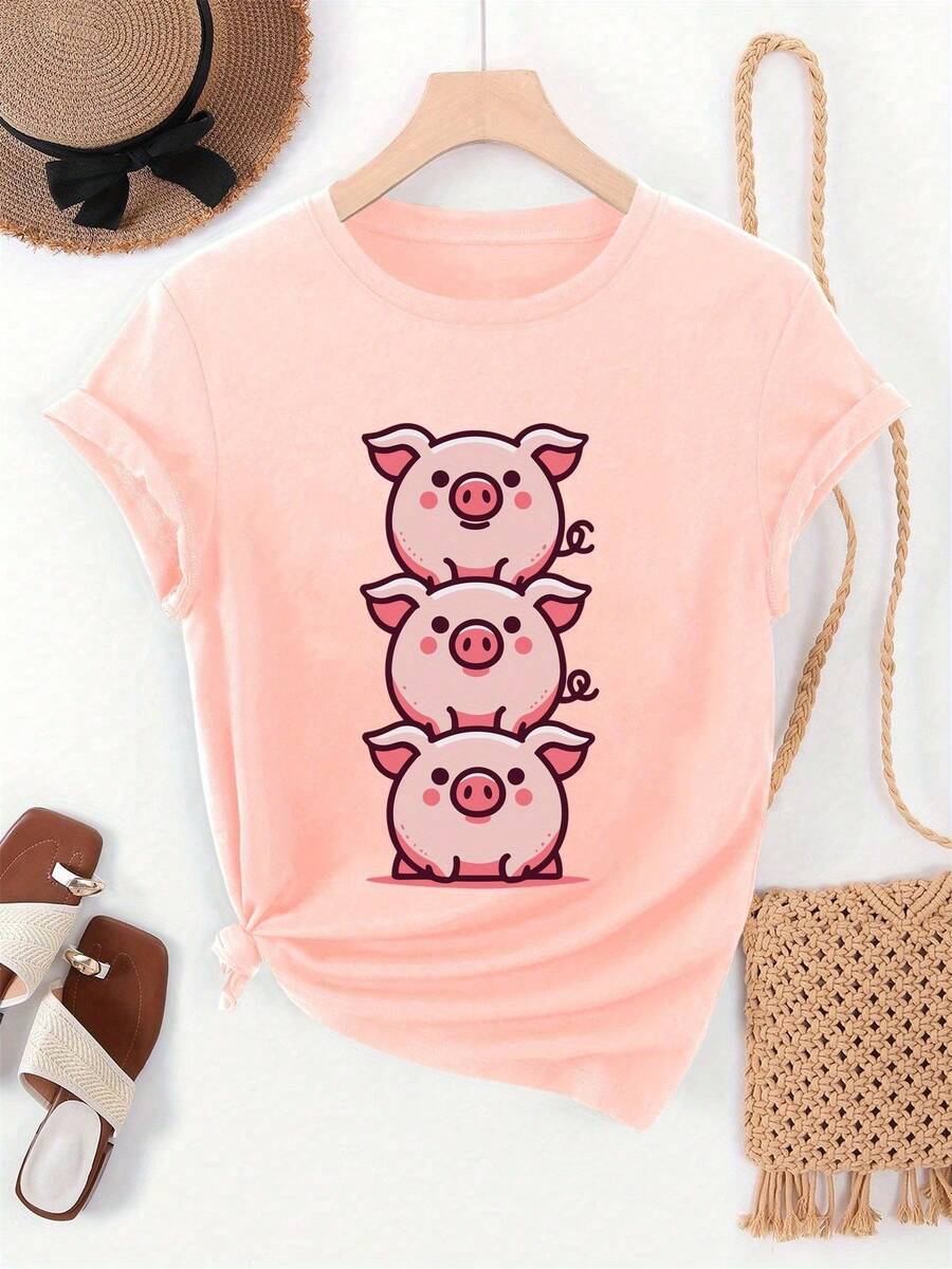Camiseta de manga corta casual de verano para mujer con diseño de cerdo apilado - Gris rosáceo pálido - Ver 1