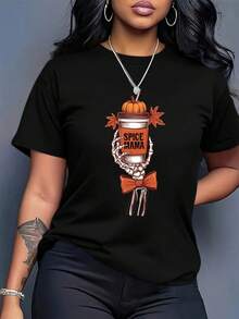 Ropa de mujer de talla grande con cuello redondo, camiseta blanca holgada para mujer - Top de estilo casual con estampado de chiles y momias, diseño de moda bohemia, adecuada para uso diario y disfraces de Halloween, camiseta ligera de manga corta de 200g, ropa de mujer a la moda lavable a máquina, Blusas Para Mujer Casual. - Negro - Ver 7