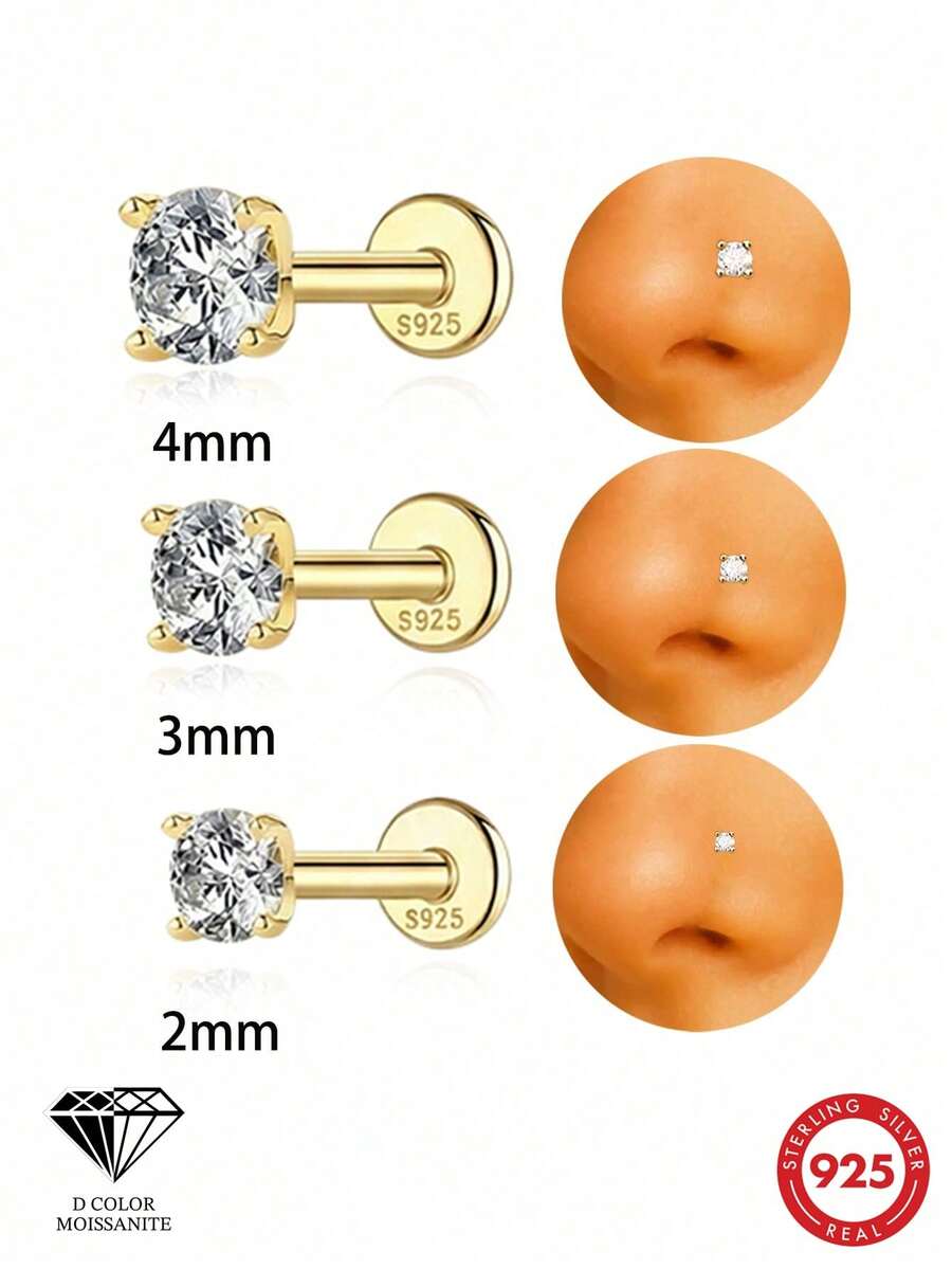 1件 0.03-0.3ct 925純銀莫桑石鼻釘 平背低過敏穿刺飾品 鼻環耳釘 男女通用日常佩戴