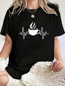 2026 Taza De Café Con Diseño De Latido Del Corazón Divertido - Camiseta De Manga Corta De Cuello Redondo 100% Algodón Casual Para Mujer, Con Estampado Gráfico Para Amantes Del Deporte, Ideal Para Prim Blusas Para Mujer Casual - Negro - Ver 1