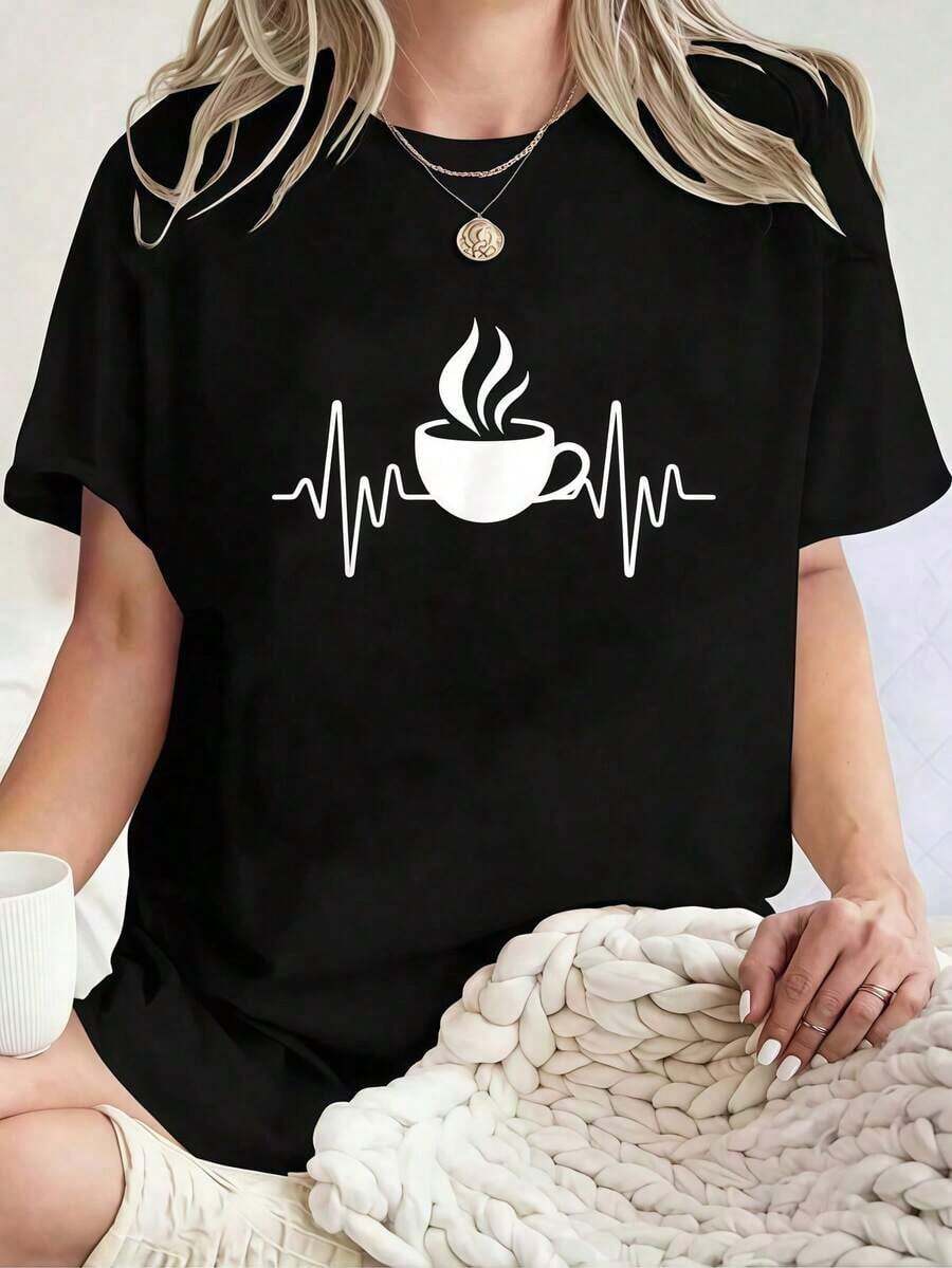 2026 Taza De Café Con Diseño De Latido Del Corazón Divertido - Camiseta De Manga Corta De Cuello Redondo 100% Algodón Casual Para Mujer, Con Estampado Gráfico Para Amantes Del Deporte, Ideal Para Prim Blusas Para Mujer Casual - Negro - Ver 1