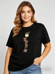Women's Short-Sleeved One-Piece T-Shirt With An Adorable Animal Print And Monkey Design. Designed For Family And Couple Outfits. Ideal For Spring And Summer. Perfect Gift For Mom, Mother's Day Gift. Suitable For Families. . - 黑色 - 查看 8