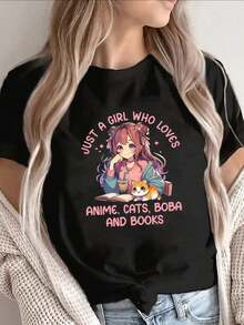 Camiseta negra de manga corta para amantes de anime, gatos, boba y libros. Diseño ligero y cómodo, perfecta para uso casual en casa o en una cafetería, con un estampado gráfico lindo. Regalo ideal para fans del anime y de la lectura. Adecuado como regalo. playera de mujer. blusas>elegantes. boho chic,Top de mujer suave, transpirable y cómodo, ideal para primavera, verano y otoño, perfecto para vacaciones, viajes y uso diario. - Negro - Ver 1